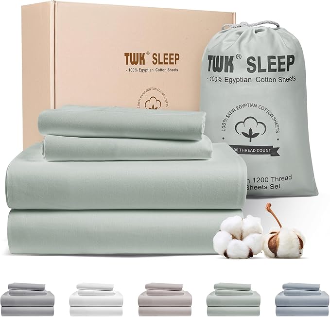TWK 1200 TC 100% Egyptian Long-Staple Cotton Bedding Sheets Set, Luxury Hotel Style Deep Pocket with Elastic Reinforced Seams Sheet Set, Soft & Comfy Natural Sheets (Mineral, California King)