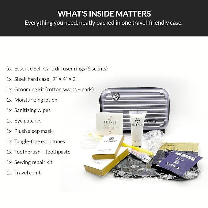 Essence Travel Amenity Kit | Travel Essentials & Travel Size Toiletries Kit | 5-Pack Nasal Diffuser Rings, Sleep Mask, Lotion & Hygiene Kit | Travel Toiletry Kit for Women | Burgundy Case