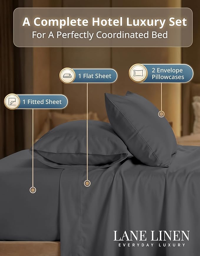 LANE LINEN California King Sheet Sets - 600 Thread Count Premium Sateen Weave - 100% Cotton Sheets for Hotel Quality Softness - 15'' Deep Pocket for Snug Fit to Your Mattress - Charcoal