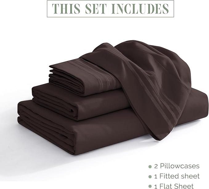 Elegant Comfort Luxurious 1500 Premium Hotel Quality Microfiber Three Line Embroidered Softest 4-Piece Bed Sheet Set, Wrinkle and Fade Resistant, Twin/Twin XL, Chocolate Brown
