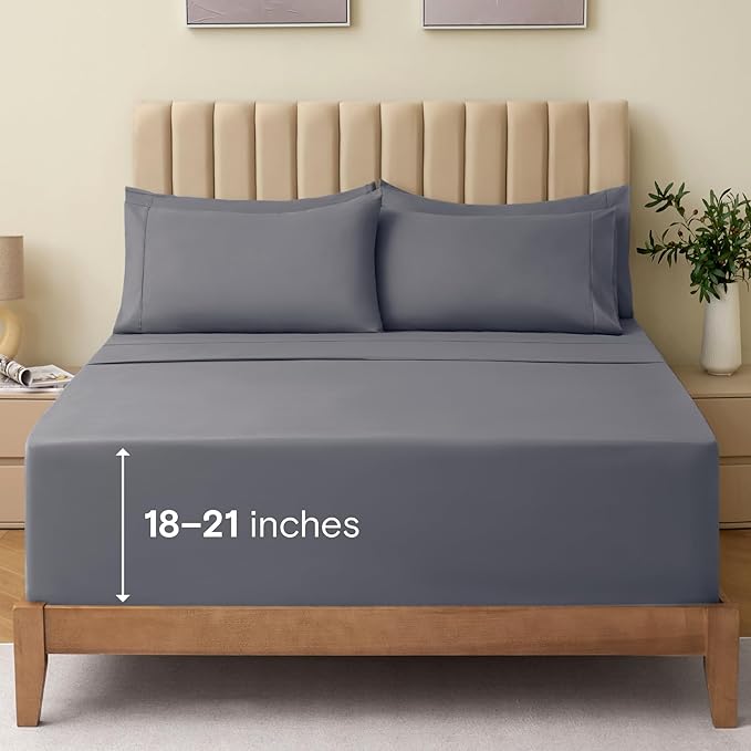LuxClub 4 PC California King Size Sheet Set Bed Sheets Deep Pockets 18" Wrinkle Free Cooling Sheets Machine Washable Hotel Bedding Silky Soft - Light Grey California King