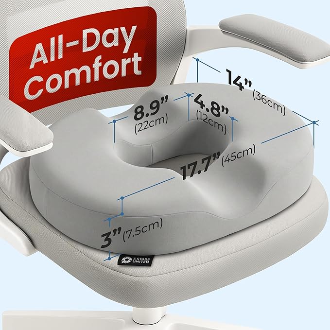 5 STARS UNITED Donut Pillow Hemorrhoid Tailbone Cushion – Large Floor Cushion for Pain Relief – Coccyx, Prostate, Sciatica, Pelvic Floor, Pressure Sores, Pregnancy, Postpartum Recovery, Light Gray