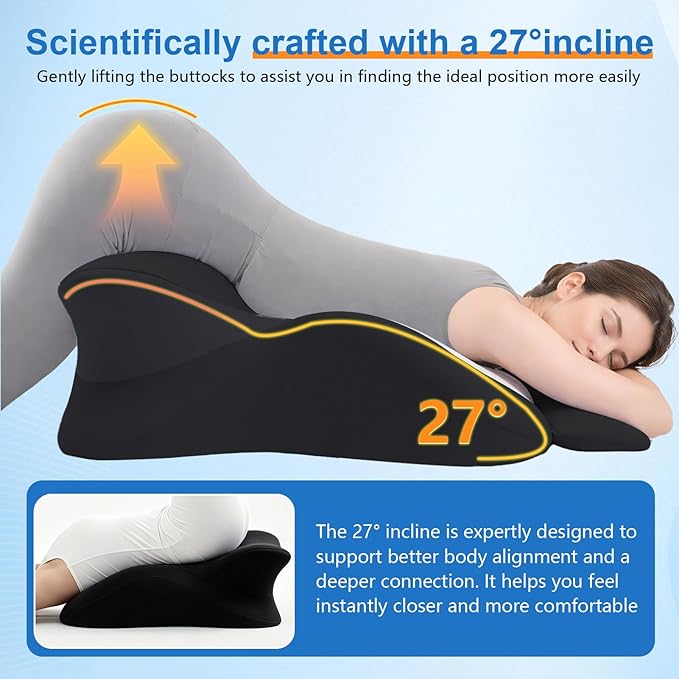 Memory Foam Wedge Pillow, Ergonomic Contoured Intimacy Couples Pillow, 27° Angled Neck Support Pillow Back Support Cushion, Multi-Functional Bed Position Pillow with Removable Cover Black