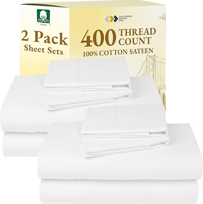 California Design Den 2-Pack 100% Cotton King Size Sheets Set 400 Thread Count Sateen - Soft and Breathable Sheets, 2 Sets of Deep Pocket Bed Sheets - Antique White