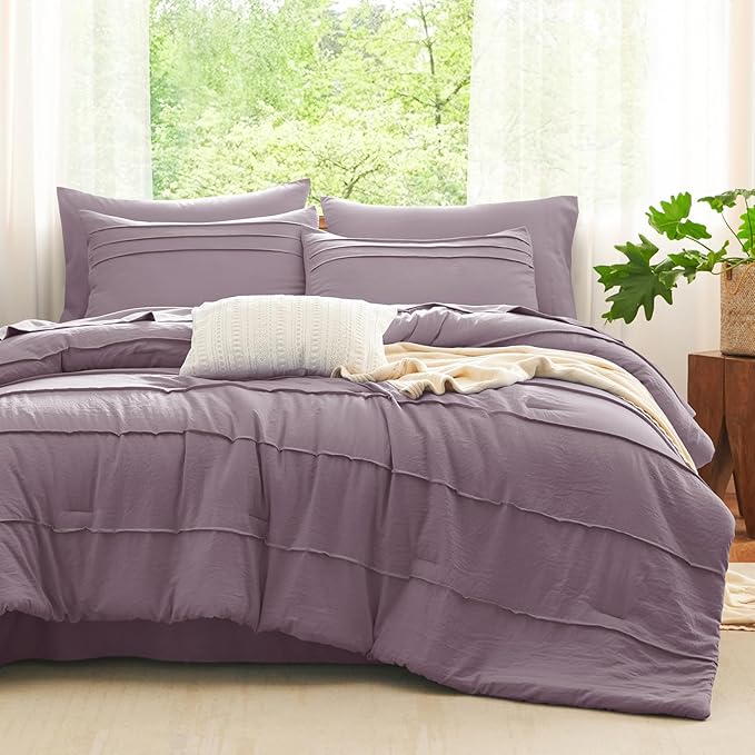 CozyLux King Size Comforter Set Dusty Purple, 7 Pieces Soft Pinch Pleat Bed in a Bag King Comforter Set with Sheets, Boho Bed Set with Down Alternative Comforter, Sheets, Pillowcases & Shams