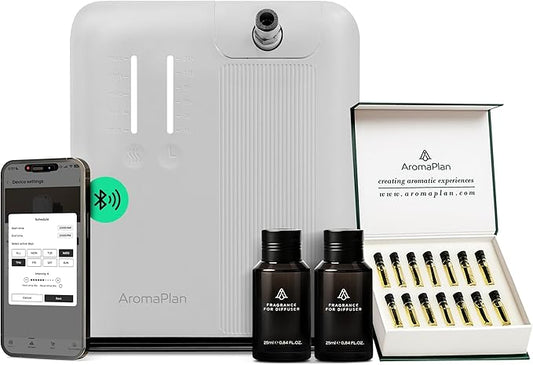 AromaPlan 5 Star Collection Cold Air Scent Diffuser, Whole House (Includes 2 Fragrances & 12 Set Sample kit) - Smart Scent Diffuser, HVAC System- Touch & App, 2000 Sq. Ft Cov.(White)