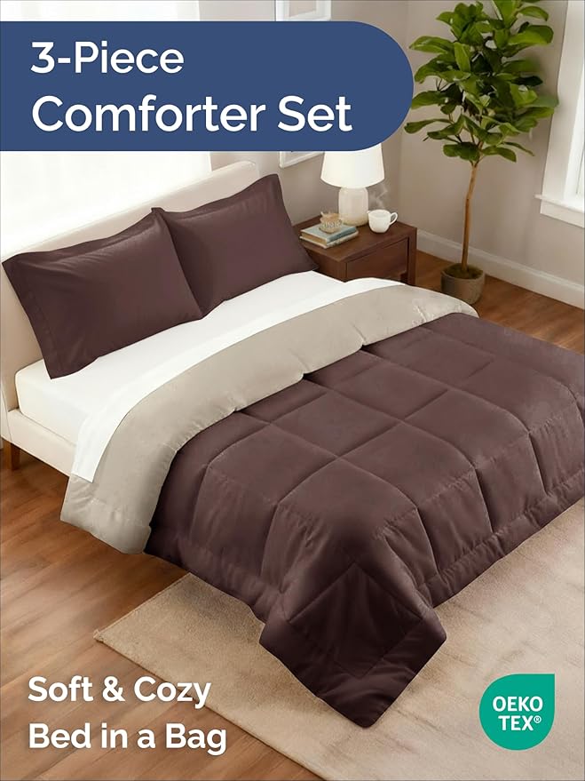 King Comforter Set - 3 Piece Bed Set for All Seasons - 1 Soft Quilted Comforter with Corner Tabs & 2 Pillow Shams - Comfy & Breathable - Premium Down Duvet Insert - Oeko-TEX - King Size, Brown/Beige