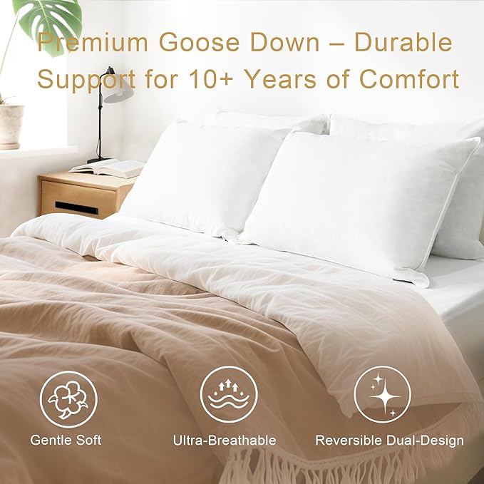 Goose Down Pillows Queen Size Set of 2 with 750 Fill Power, Hotel Quality Bed Pillows for Sleeping - Medium Firm Feather Pillows Ideal for Side, Back, Stomach Sleepers (20” x 28”)