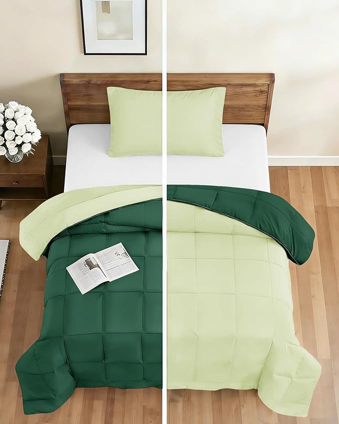 Queen Comforter Set - 3 Piece Bed Set for All Seasons - 1 Soft Quilted Comforter w/ Corner Tabs & 2 Pillow Shams - Comfy, Cozy & Breathable - Premium Down Duvet Insert - Queen Size, Emerald/Light Sage