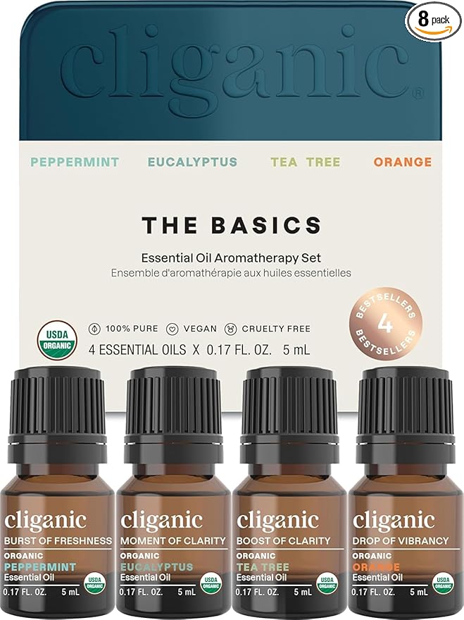 Cliganic Organic Essential Oils Gift Set (Top 4 - The Basics - Pack of 2), 100% Pure Natural Aromatherapy - Peppermint, Eucalyptus, Tea Tree & Orange