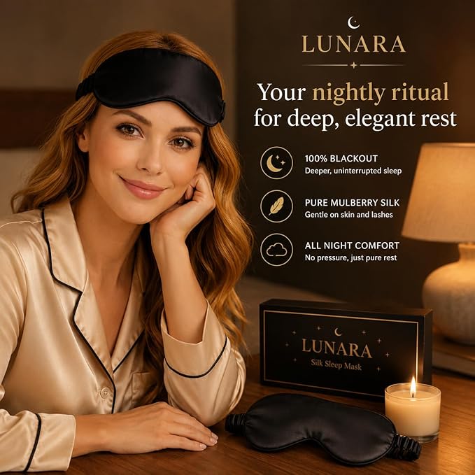 Silk Sleep Mask for Women & Men – 100% Mulberry Silk Eye Mask for Sleeping, 22 Momme, Soft & Light Blocking, Hypoallergenic, Black Silk Sleep Mask for Deep Restorative Sleep – by LUNARA