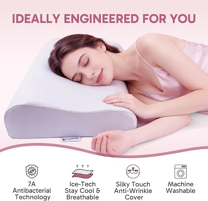 Ergonomic Memory Foam Pillow 2 heights: Mid-Low, Cervical Support Relieve Neck Back Pain, Breathable Cool Ice Silk Anti-Wrinkle Cover, SGS Certificates, for Side Back Stomach Sleeper, Queen Size