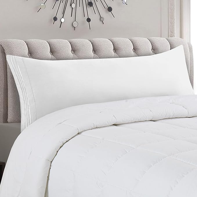 Mocassi 1-Piece Premium Body Pillowcase 1800 Series Hotel Quality Microfiber - Soft and Breathable with 3-Line Embroidery Wrinkle and Stain Resistant, Easy Care, 21" x 54", White