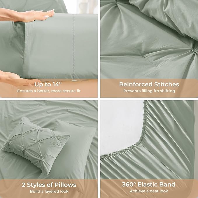 Sasttie Queen Comforter Set, 7-Piece Bed in a Bag, Pintuck Bedding Set for All Season, Includes Comforter, Flat Sheet, Fitted Sheet, Pillowcases and Pillowshams, Dusty Green