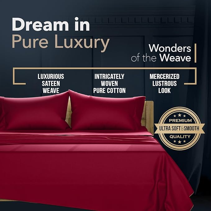 TEXAS LINEN CO. 100% Egyptian Cotton Queen Sheets Set - Luxury 1500 Series Couture Comfortin' Collection Egyptian Cotton Sheets Queen Size Bed Set (4 PC, Burgundy), 17" Deep Pocket, Hotel Bedding Set