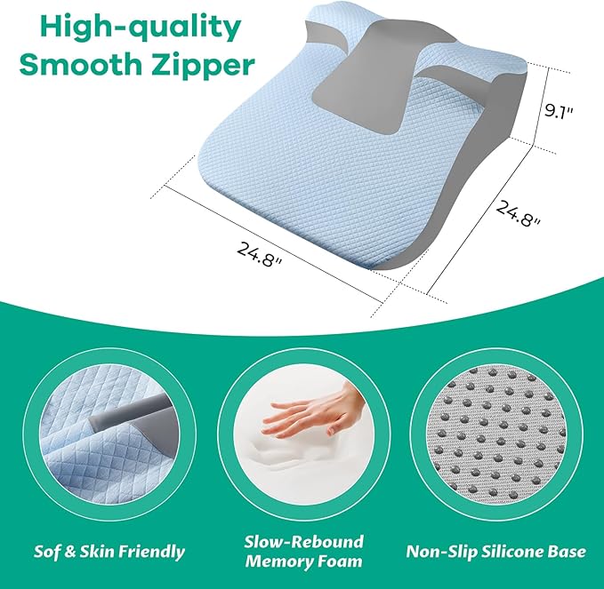 Bed Snorinator Pillow, Ergonomic Wedge Pillow for Sleep Apnea Memory Foam Reading Pillow for Back, Neck & Head Comfortable Support-Blue