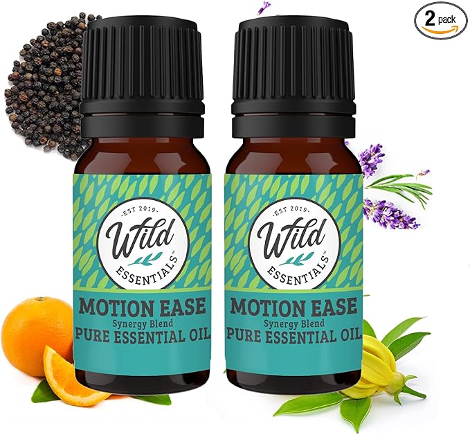 Wild Essentials Motion Ease 100% Pure Essential Oil Synergy Blend 2 Pack - 10ml, Formula for Motion Sickness, Nausea, Upset Stomach, Vertigo, Dizzy, seasick, carsick. Made and Bottled in The USA