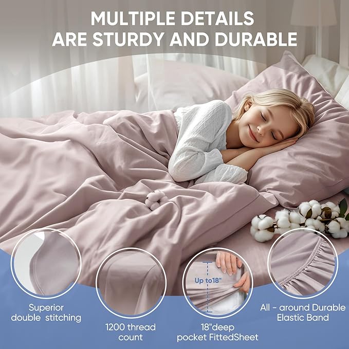 TWK 1200 TC 100% Egyptian Long-Staple Cotton Bedding Sheets Set, Luxury Hotel Style Deep Pocket with Elastic Reinforced Seams Sheet Set, Soft & Comfy Natural Sheets (Sand, Full)