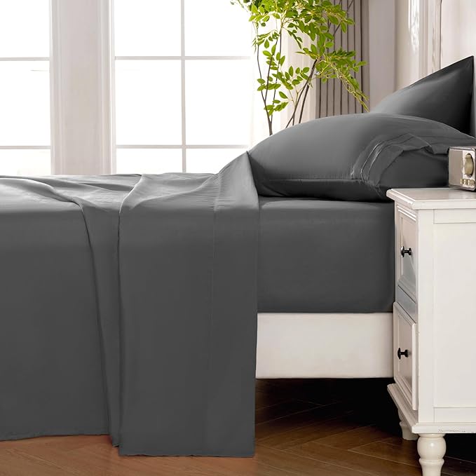 ROSE&RISY Dark Grey King Sheet Set, 4 Pieces Soft Bedding King Sheet Set, Breathable and Cooling,Includes 1 x Fitted Sheet, 1 x Flat Sheet, 2 x Pillowcases - Deep Pocket (Dark Grey, King)