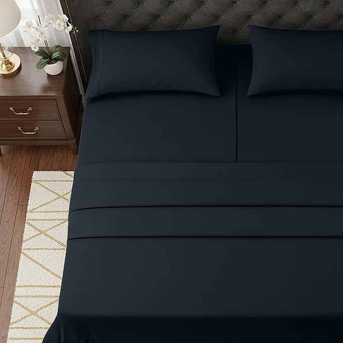 Elegant Comfort Luxurious 1500 Premium Hotel Quality Microfiber Three Line Embroidered Softest 5-Piece Bed Sheet Set, Wrinkle and Fade Resistant, Split King, Black
