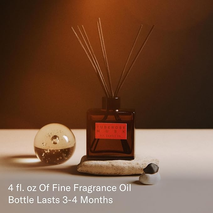 P.F. Candle Co. Tuberose Musk Premium Scented Reed Diffusers (4 fl oz) Luxury Cocoa Brown Glass Jar, Fine Fragrance Oil, Long-Lasting Flame-Free Scent
