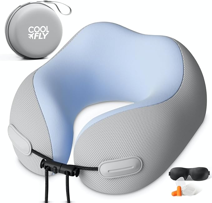 Cool Fly - Cool Colors Travel Neck Pillow Set. Cool Bright Fashion Pastel Colors. Luxury Memory Foam Airplane Adjustable Pillow. Cooling Silky Breathable Cover with Bonus Sleep mask, Grey-Blue