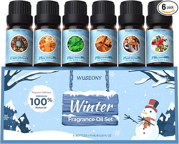 WUSEONY Winter Essential Oil for Diffusers Home, Holiday Fragrance Oils Set, Scented Oil Gift Set for Candle Soap Making - Christmas Wreath, Gingerbread, Mistletoe, Peppermint, Cinnamon, Hot Chocolate
