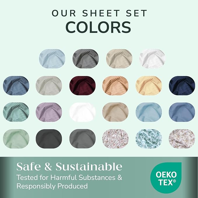 Feather & Stitch 500 TC California King Size Bed Sheet Set, 100% Cotton Soft Breathable Bedsheets, 4 Piece 18" Deep Pockets Sateen Weave Striped Bedding Mattress Resort Hotel - (Blue Blush Stripe)