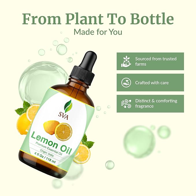 SVA Lemon Essential Oil – 4 Fl Oz – 100% Natural Lemon Oil - for Diffuser, Hair Care, Face, Skin Care, Aromatherapy, Scalp and Body Massage, Soap and Candle Making – with Dropper