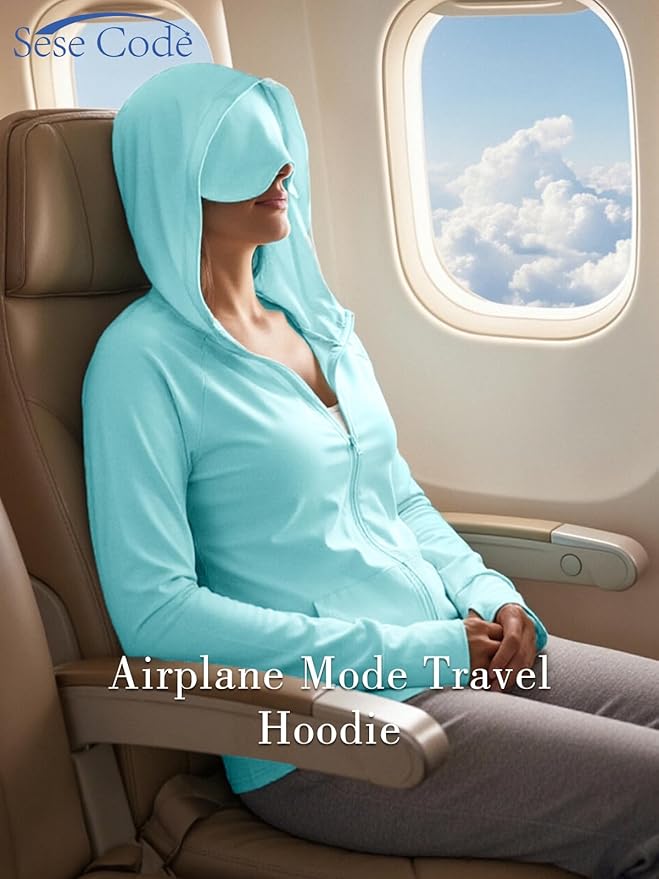SeSe Code UPF 50+ Hoodie With Eye Mask Womens Zip Up Travel Jackets Sleep Sun Protection Shirts Pockets Outdoor Nap