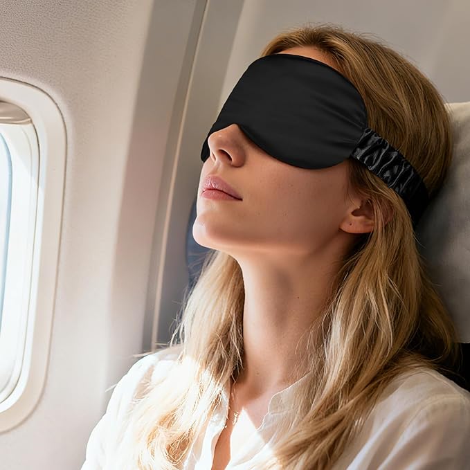 Jeffdad Sleep Mask, 2 Pack Silk Cover Eye Contour Zero Pressure Blindfold with Adjustable Eye Sleep Shade Covers, for Night Sleeping, Travel, Nap（Black, Pink）