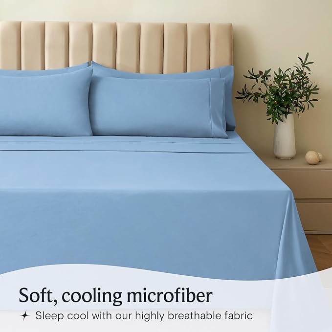 LuxClub 5 PC Split King Sheet Set, Breathable Luxury Bed Sheets, Deep Pockets 18" Eco Friendly Wrinkle Free Cooling Sheets Machine Washable Hotel Bedding Silky Soft - Sky Split King