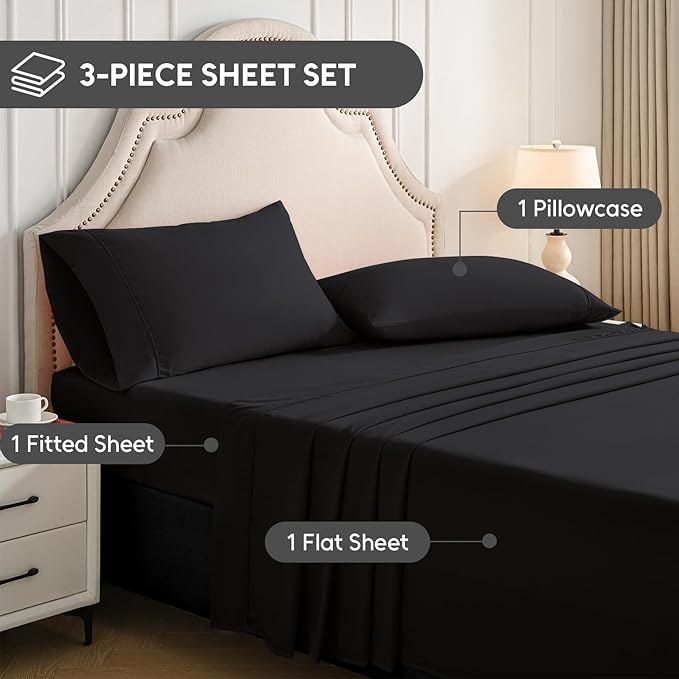 Twin Sheets Set, 3 Pieces Hotel Luxury Soft Microfiber Bed Sheets Set, Up to 16" Deep Pockets, Oeko-Tex Sheets with Elastic, Breathable, Wrinkle Free(Black,Twin)