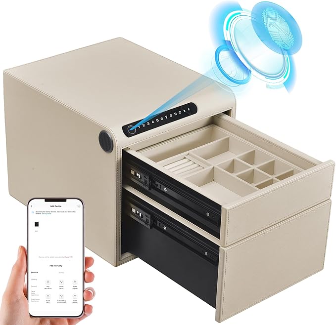 Jewelry Safe with Drawers，Biometric Fingerprint safe, Slide-Away Handgun Safe for Pistols, Leather Wrapped Jewelry Storage Safe, Digital Keypad & Quick-Access Drawer(White- 2 Drawer)