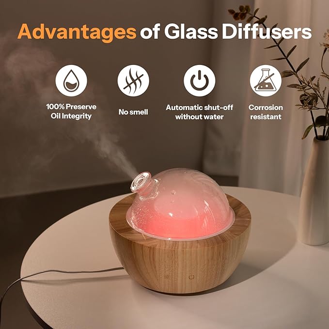 280ml Glass Essential Oil Diffuser with Natural Wood Base, The 2025 Upgrade Aromatherapy Diffusers for Home, Cool Mist Air Aroma Diffuse Humidifier with 7 Color Lights for Office, Bedroom