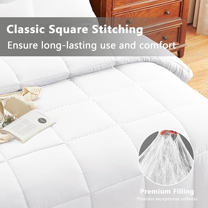 CozyLux Super King Plus Comforter Set, 3 Pieces White 128x120 Box Stitched Design Soft Bedding Set, All Season Lightweight Breathable Bed Set with 1 Down Alternative Comforter and 2 Pillow Shams