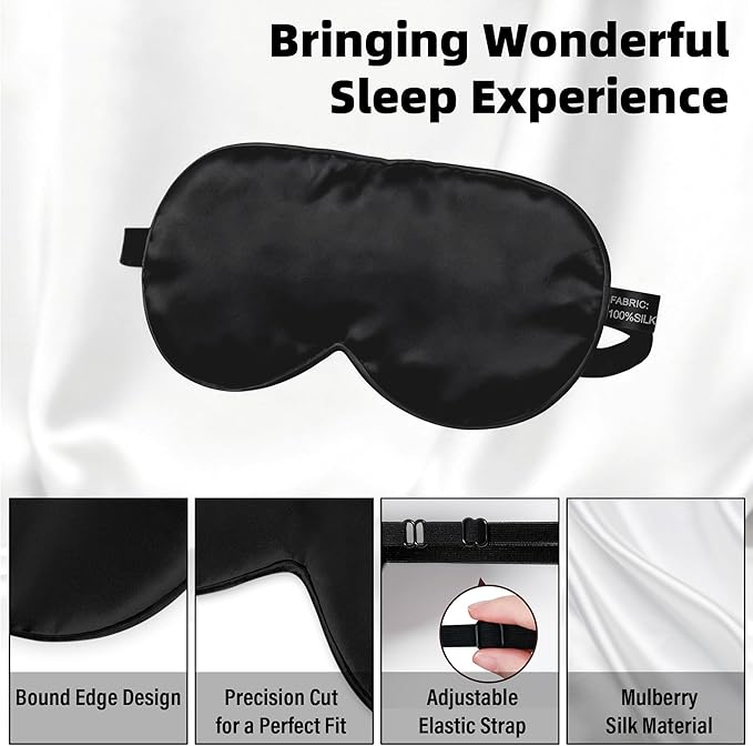 Silk Sleep Eye Mask for Kids, 100% Real Natural Pure Silk Sleeping Masks, Blindfold Sleep Eye Cover with Adjustable Strap, Soft & Lightweight Night Eyeshade for Boys Girls Teens (Black)