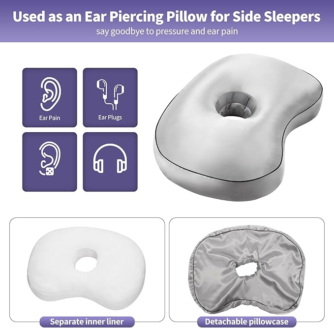 Gray Orthopedic Ear Piercing Pillow - Side Sleeper Support with 3.5" Ear Hole Relief, Hypoallergenic Pillow for Healing Piercings