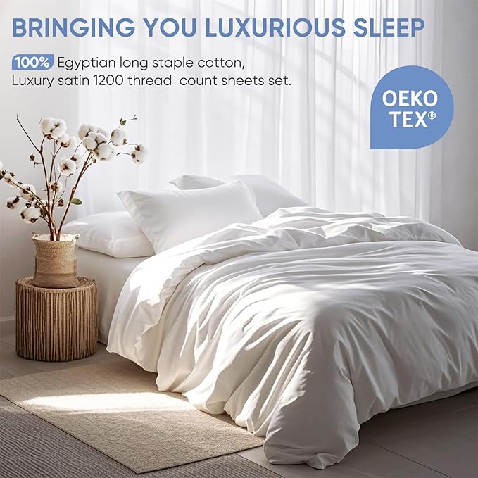TWK 1200 TC 100% Egyptian Long-Staple Cotton Bedding Sheets Set, Luxury Hotel Style Deep Pocket with Elastic Reinforced Seams Sheet Set, Soft & Comfy Natural Sheets