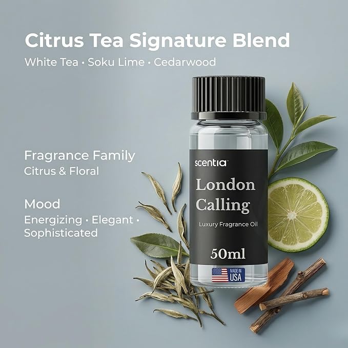 Scentia London Calling Fresh Citrus Fragrance Oil for Diffusers – White Tea & Lime Home Scent with Peony, Jasmine & Cedarwood – Aromatherapy Oil for Cold Air, HVAC & – 50 ml (1.69 fl oz)