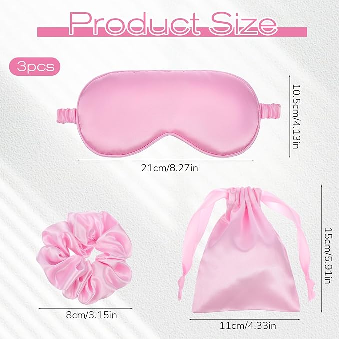 Silk Satin Sleeping Mask Set, Include 1 Double Layer Satin Filling Eye Cover 1 Scrunchie 1 Storage Bags, Pink Soft Breathable Blackout Eyeshade for Women Sleep Travel Nap Bridesmaid Gifts (Pink)