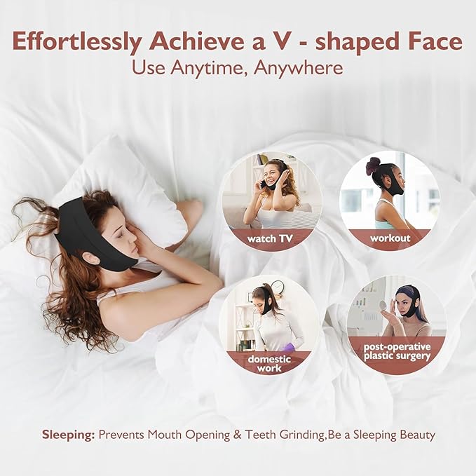 Jawline Shaper Chin Strap for Sleeping, Reusable V-Line Mask for Women Face Lifting Made w/Electric-Hot-Press Tech for Skin-Friendly & Breathable Cooling Fabric