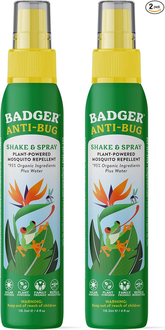 Badger Bug Spray, 3-Hour DEET-Free Mosquito Repellent, Family Friendly, Citronella & Organic Essential Oils, Natural & Vegan Insect Repellent Spray, 4 fl oz Aluminum Bottle, 2-Pack