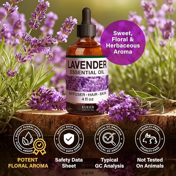 100% Pure Lavender Oil - 4 Fl Oz Lavender Essential Oil for Hair, Skin, Diffuser, Aromatherapy & DIY Soap Making Scent