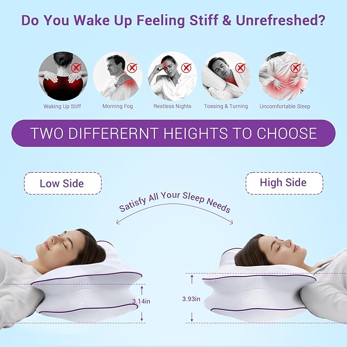 AZBESTPRO Memory Foam Cervical Pillow for Neck Support & Pain Relief, Butterfly Ergonomic Design – 24×15.75×5.7 Inches, Removable 100% Polyester Pillowcase, Suitable for Side & Back Sleepers (Purple)