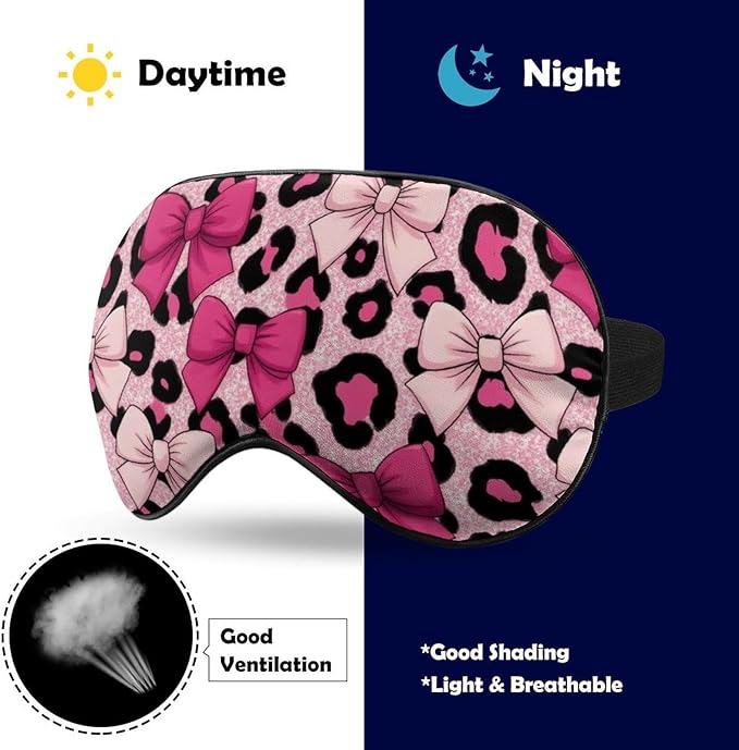 Pink Bows Leopard Print Sleep Mask Girls Sleeping Mask Elastic Blackout Sleeping Eye Mask for Full Night's Sleep Travel and Nap
