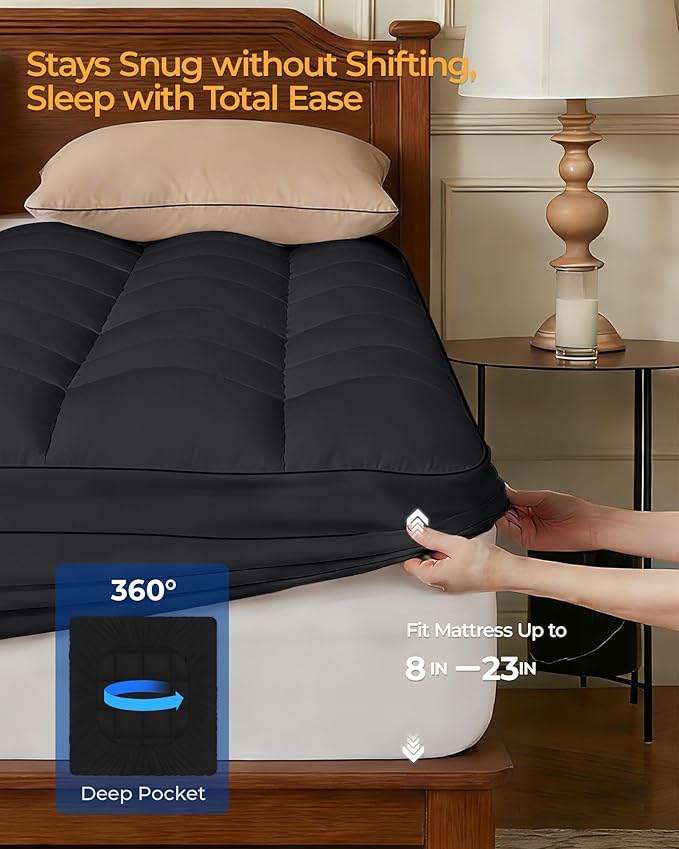 KAYFIA Twin Mattress Topper,Extra Thick Mattress Pad Cover for Deep Sleep,3D+7D Snow Down Alternative Fill Overfilled Plush Pillow Top with 8-23 Inch Deep Pocket-Black
