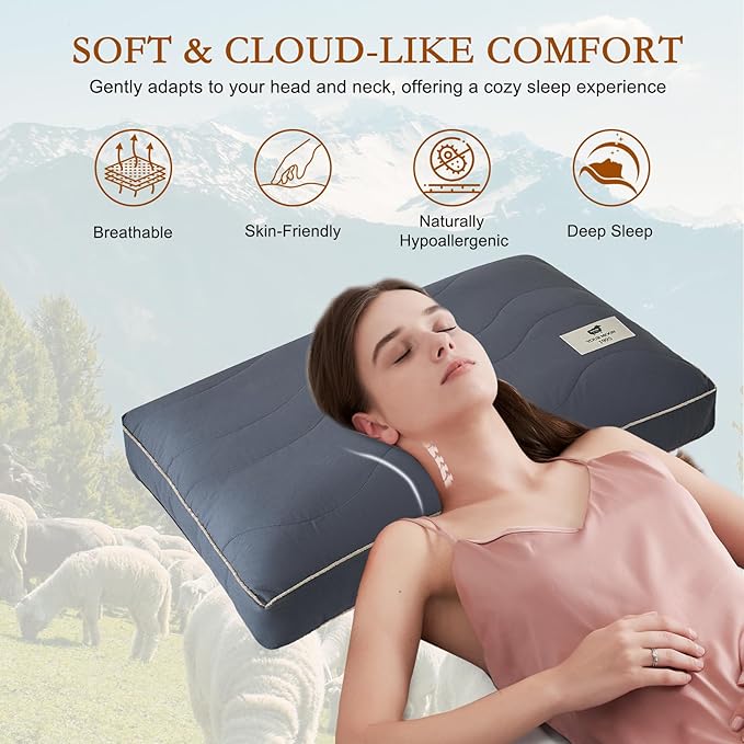 YOUR MOON Natural Soft Wool Pillow Standard Size, Support Soft Bed Pillows for Sleeping, Premium Australian Wool Filling with 100% Cotton Cover, Down Alternative Pillows (Gray)