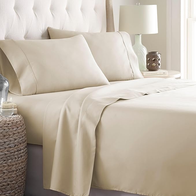 Danjor Linens Twin Bunk Bed Sheets w/ 2 Pillowcases, Lightweight Brushed Microfiber Deep Pockets, 4 Piece Fitted Bedding Sets, Cream