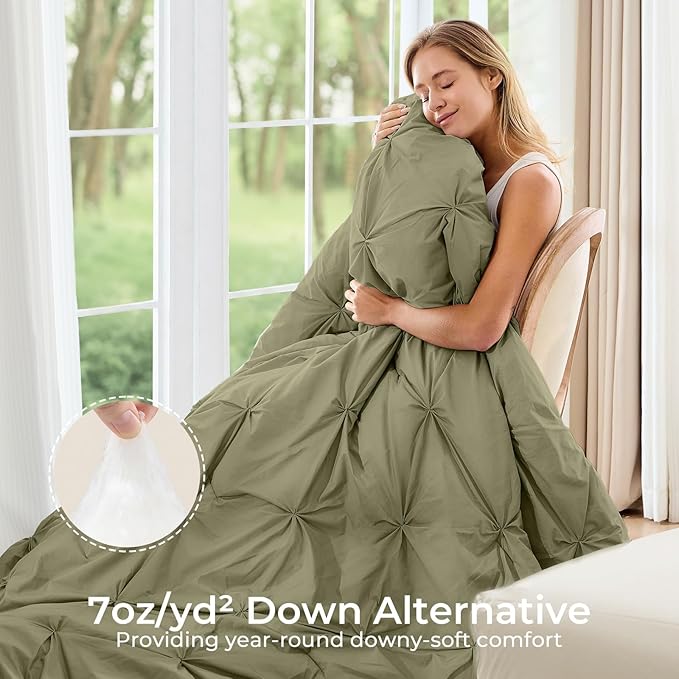 Sasttie Twin XL Comforter Set, 5-Piece Bed in a Bag, Pintuck Bedding Sets for All Season, Includes Comforter, Flat Sheet, Fitted Sheet, Pillowcase and Pillowsham, Olive Green